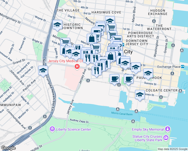 map of restaurants, bars, coffee shops, grocery stores, and more near 111 Liberty View Drive in Jersey City