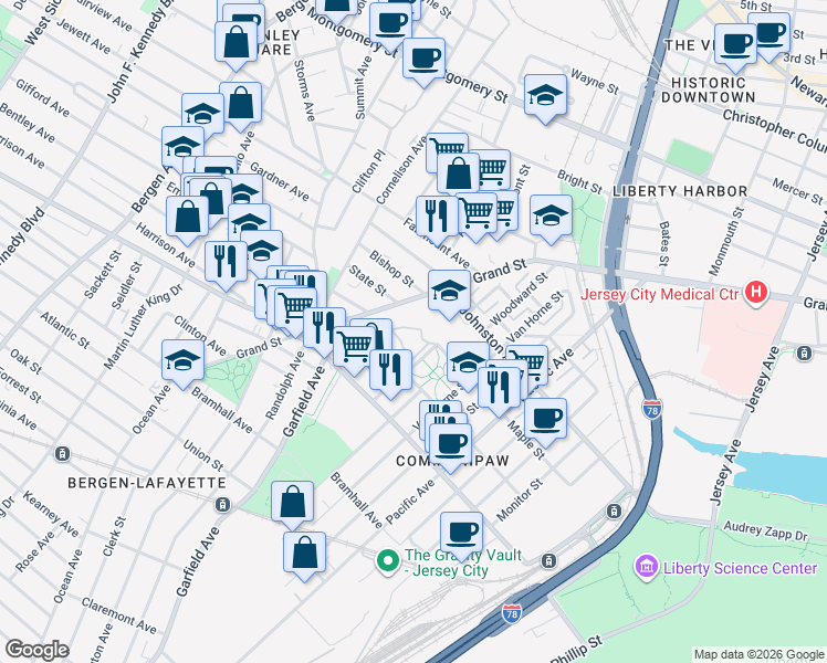 map of restaurants, bars, coffee shops, grocery stores, and more near 160 Lafayette Street in Jersey City