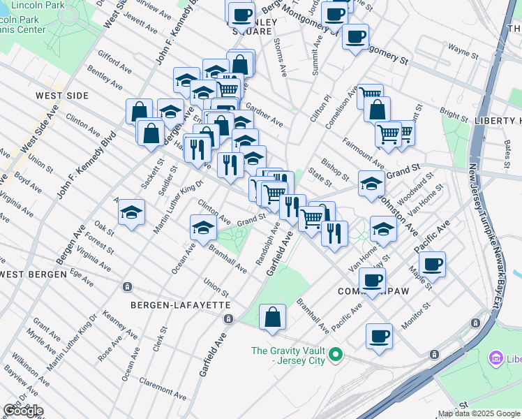 map of restaurants, bars, coffee shops, grocery stores, and more near 498 Communipaw Avenue in Jersey City