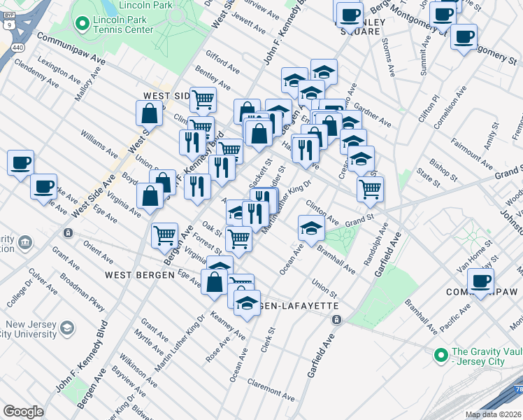 map of restaurants, bars, coffee shops, grocery stores, and more near in Jersey City