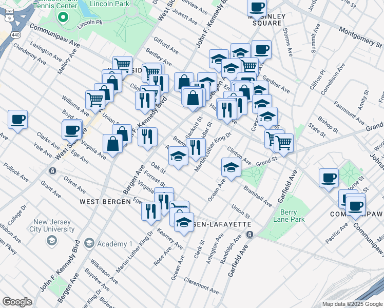 map of restaurants, bars, coffee shops, grocery stores, and more near in Jersey City