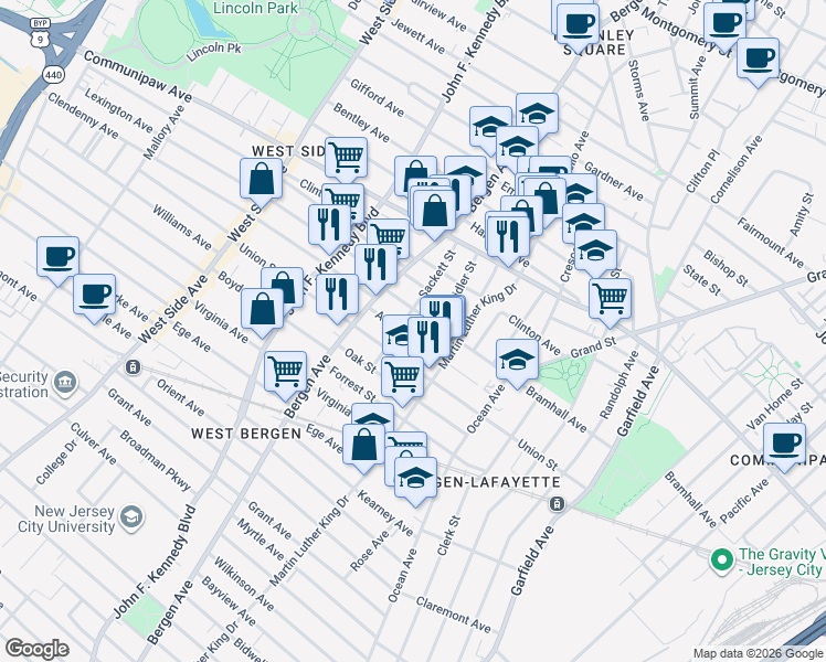 map of restaurants, bars, coffee shops, grocery stores, and more near in Jersey City
