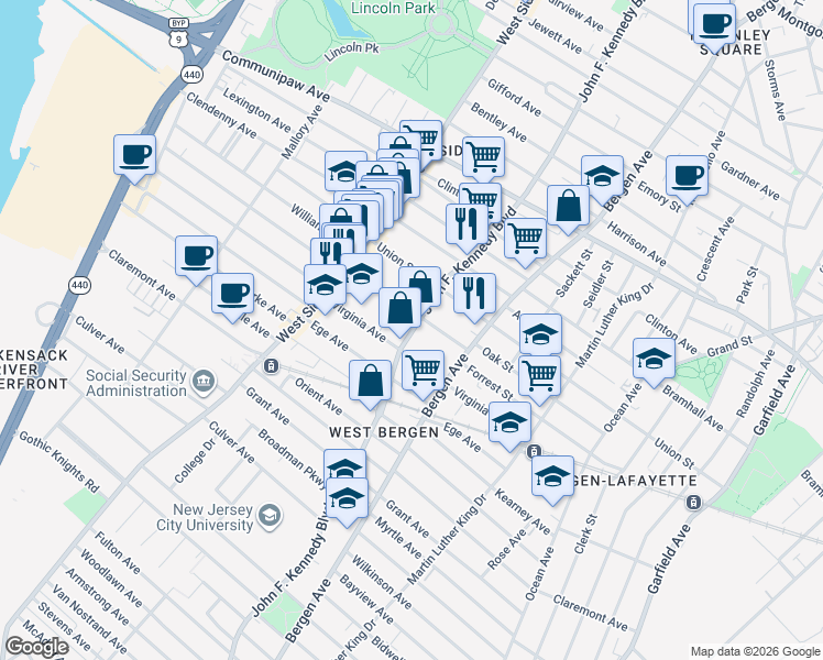 map of restaurants, bars, coffee shops, grocery stores, and more near 2250 John F Kennedy Boulevard West in Union City