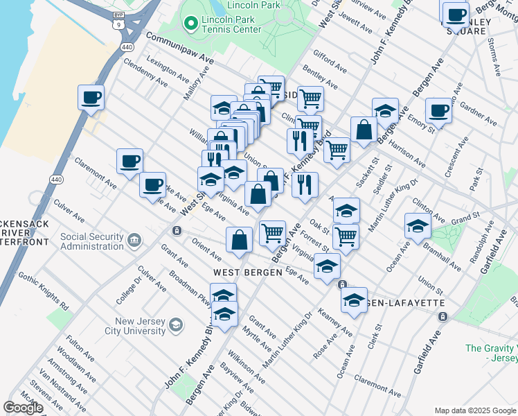 map of restaurants, bars, coffee shops, grocery stores, and more near 2255 John F. Kennedy Boulevard in Jersey City
