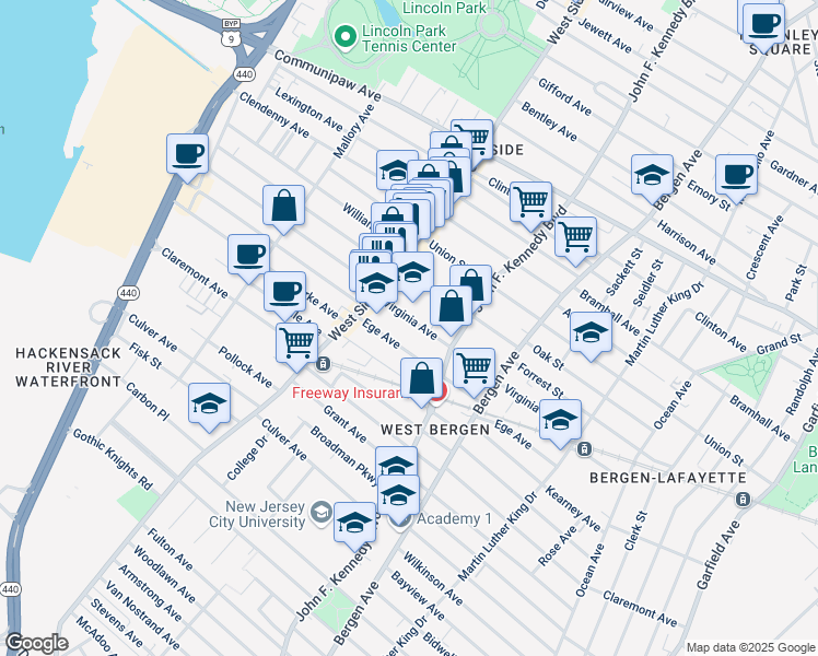 map of restaurants, bars, coffee shops, grocery stores, and more near 208 Virginia Avenue in Jersey City