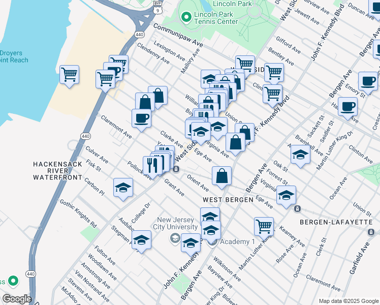 map of restaurants, bars, coffee shops, grocery stores, and more near 421 West Side Avenue in Jersey City
