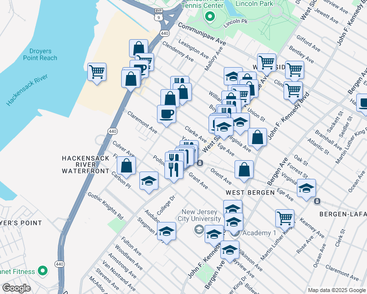 map of restaurants, bars, coffee shops, grocery stores, and more near 51 Yale Avenue in Jersey City