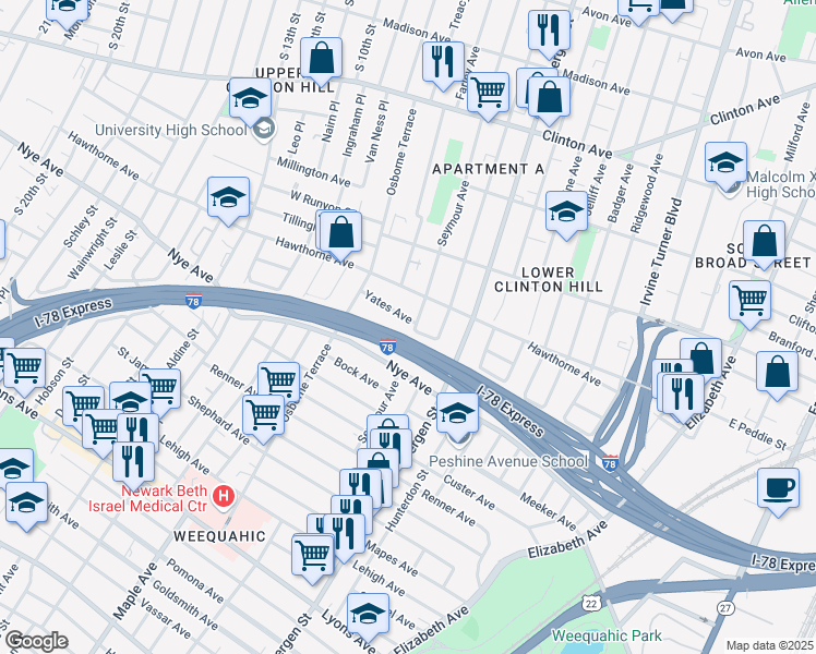 map of restaurants, bars, coffee shops, grocery stores, and more near 271 Seymour Avenue in Newark