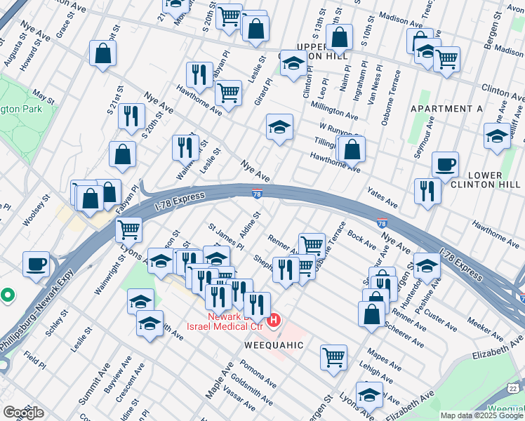 map of restaurants, bars, coffee shops, grocery stores, and more near 69 Wolcott Terrace in Newark