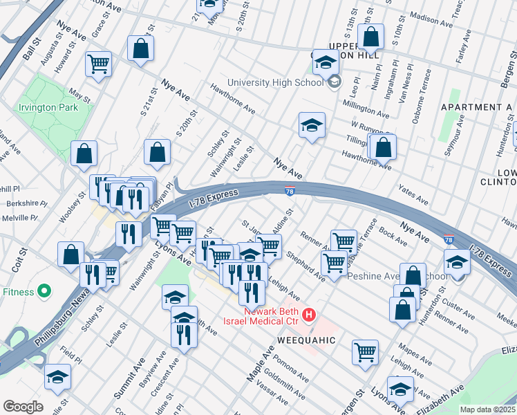 map of restaurants, bars, coffee shops, grocery stores, and more near 19 Edwin Place in Newark