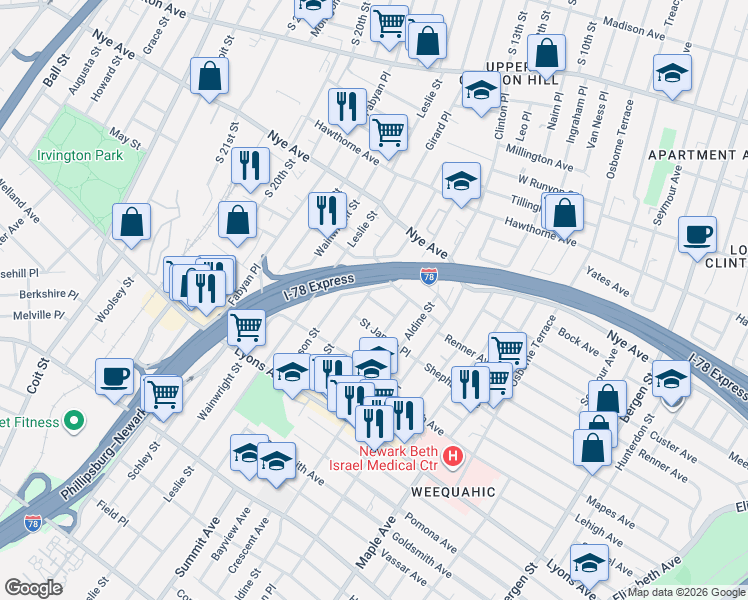 map of restaurants, bars, coffee shops, grocery stores, and more near 19 Edwin Place in Newark