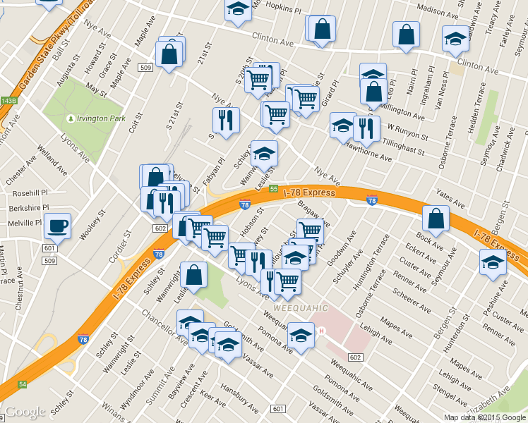 map of restaurants, bars, coffee shops, grocery stores, and more near 120 Hobson Street in Newark