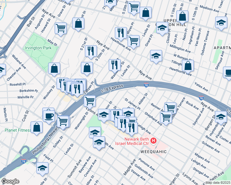 map of restaurants, bars, coffee shops, grocery stores, and more near 236 Leslie Street in Newark