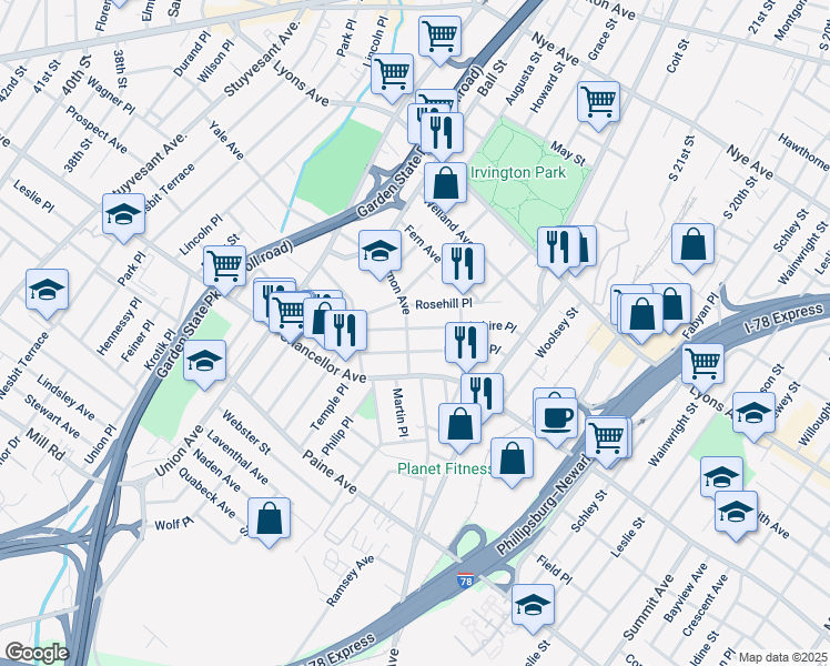 map of restaurants, bars, coffee shops, grocery stores, and more near 78 Berkshire Place in Irvington