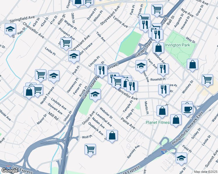 map of restaurants, bars, coffee shops, grocery stores, and more near 721 Chancellor Avenue in Irvington