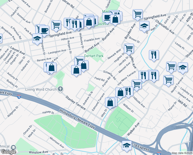 map of restaurants, bars, coffee shops, grocery stores, and more near 11 Schaefer Road in Maplewood