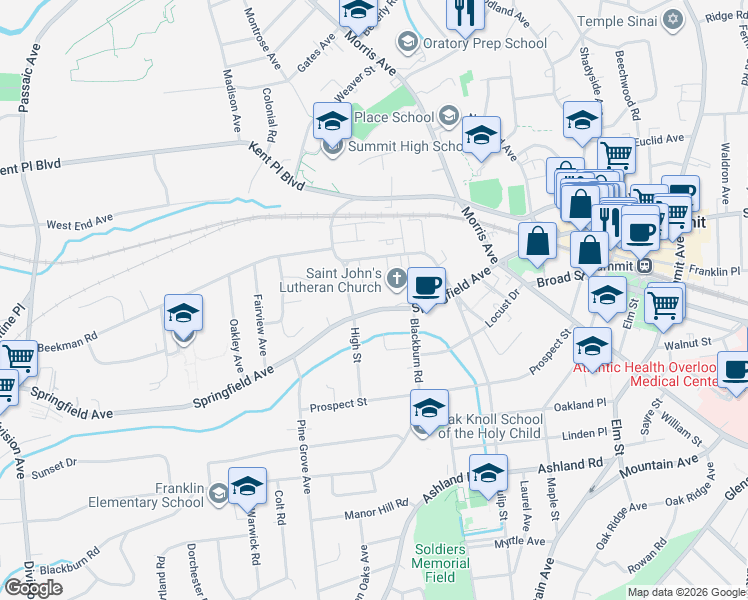 map of restaurants, bars, coffee shops, grocery stores, and more near 53 High Street in Summit