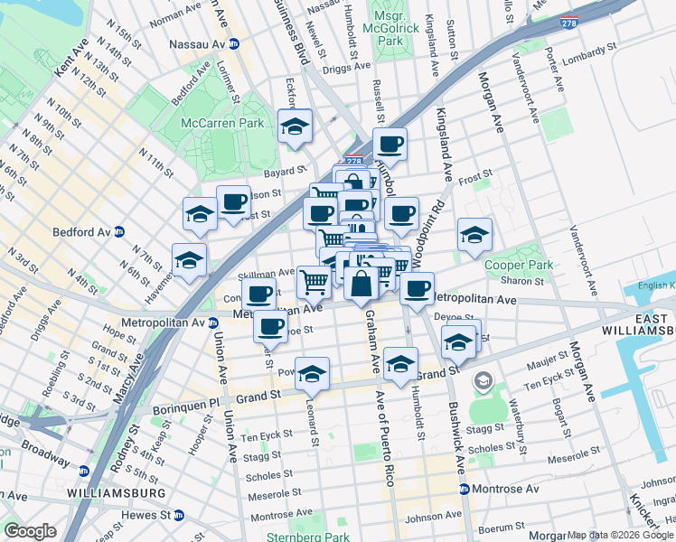 map of restaurants, bars, coffee shops, grocery stores, and more near 141 Skillman Avenue in Brooklyn