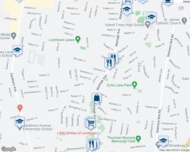 map of restaurants, bars, coffee shops, grocery stores, and more near 46 Rainbow Lane in Levittown