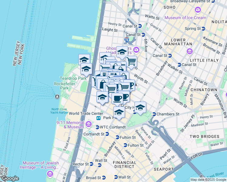 map of restaurants, bars, coffee shops, grocery stores, and more near 155 Chambers Street in New York