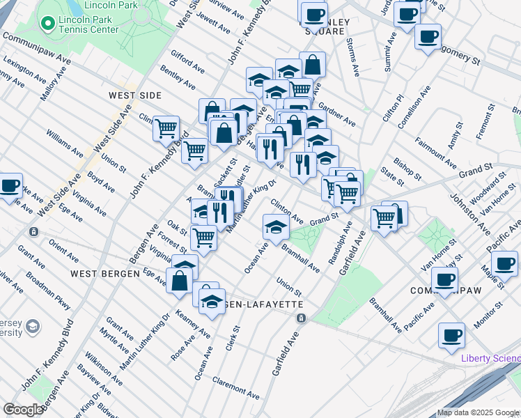 map of restaurants, bars, coffee shops, grocery stores, and more near 30 Monticello Avenue in Jersey City