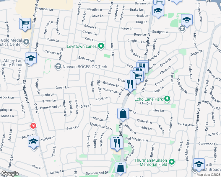 map of restaurants, bars, coffee shops, grocery stores, and more near 18 Rainbow Lane in Levittown