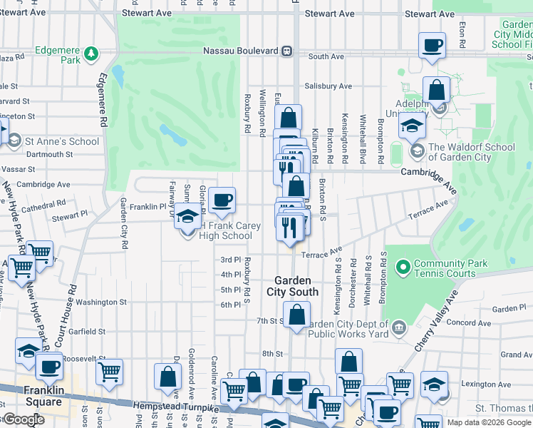 map of restaurants, bars, coffee shops, grocery stores, and more near 609 Princeton Avenue in Garden City