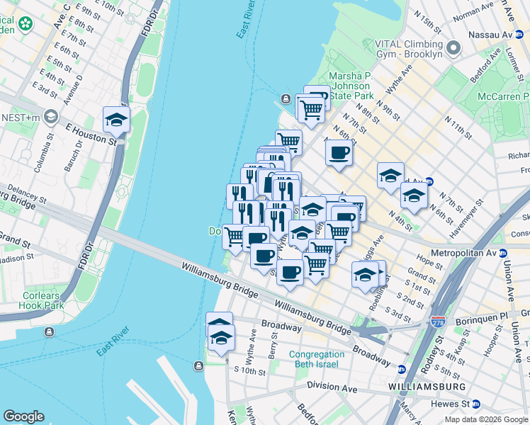 map of restaurants, bars, coffee shops, grocery stores, and more near 6 Grand Street in Brooklyn