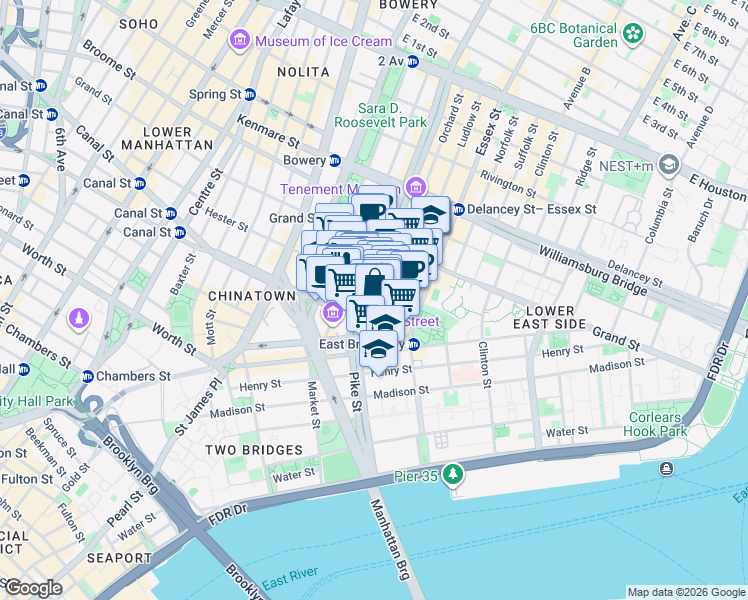 map of restaurants, bars, coffee shops, grocery stores, and more near 50-52 Eldridge Street in New York