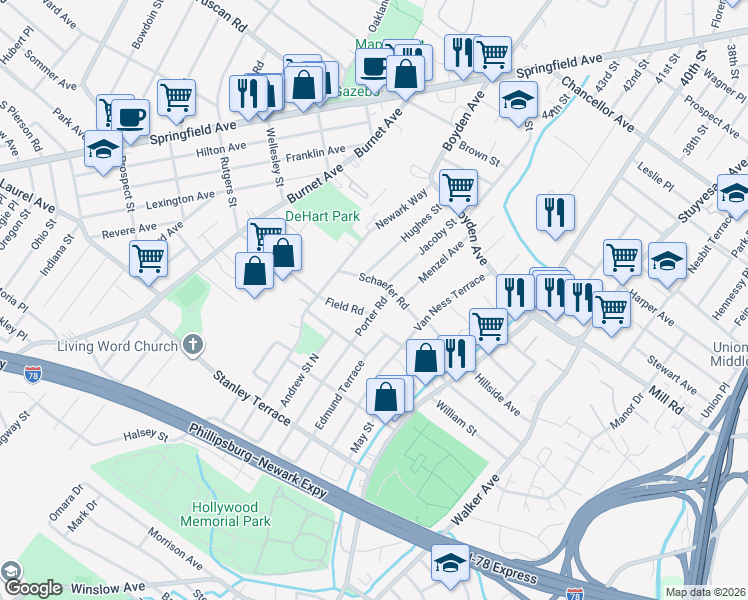 map of restaurants, bars, coffee shops, grocery stores, and more near 35 Schaefer Road in Maplewood