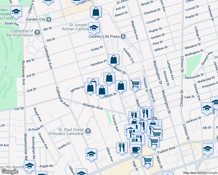 map of restaurants, bars, coffee shops, grocery stores, and more near 45 Intersection Street in Hempstead