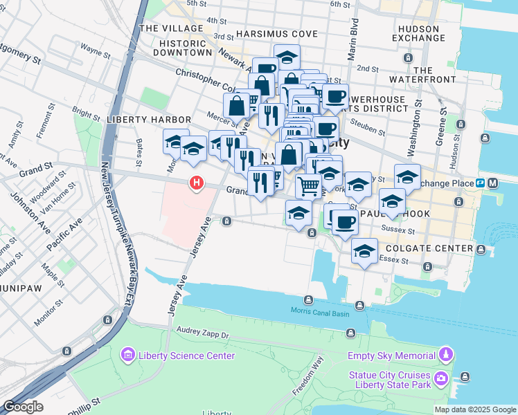 map of restaurants, bars, coffee shops, grocery stores, and more near 120 Tidewater Street in Jersey City