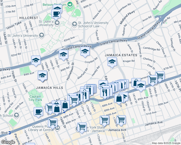 map of restaurants, bars, coffee shops, grocery stores, and more near 175-16 Mayfield Road in Queens