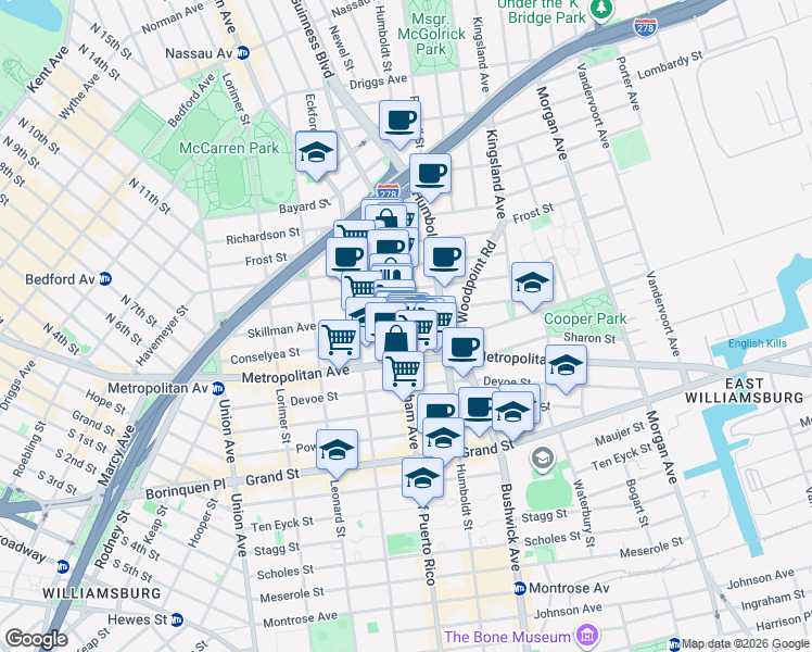 map of restaurants, bars, coffee shops, grocery stores, and more near 176 Skillman Avenue in Brooklyn