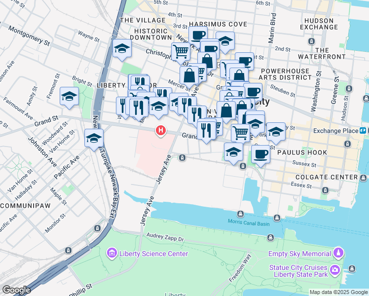 map of restaurants, bars, coffee shops, grocery stores, and more near 50 Regent Street in Jersey City