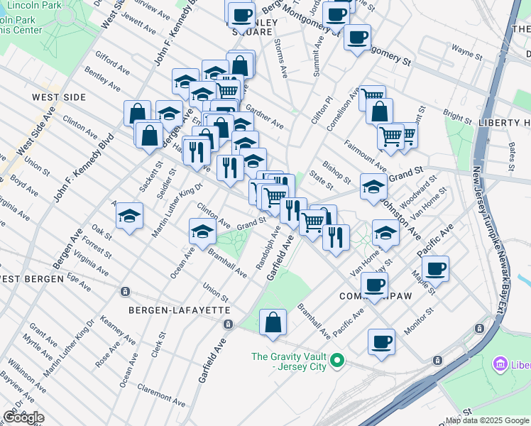 map of restaurants, bars, coffee shops, grocery stores, and more near 498 Communipaw Avenue in Jersey City