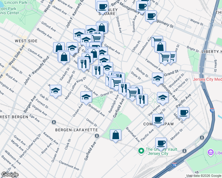 map of restaurants, bars, coffee shops, grocery stores, and more near 498 Communipaw Avenue in Jersey City