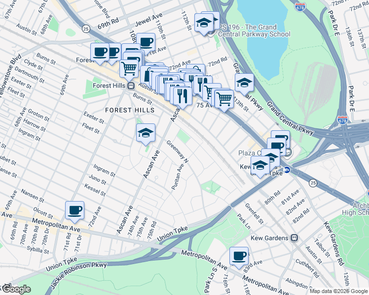 map of restaurants, bars, coffee shops, grocery stores, and more near 32 Beechknoll Road in Queens