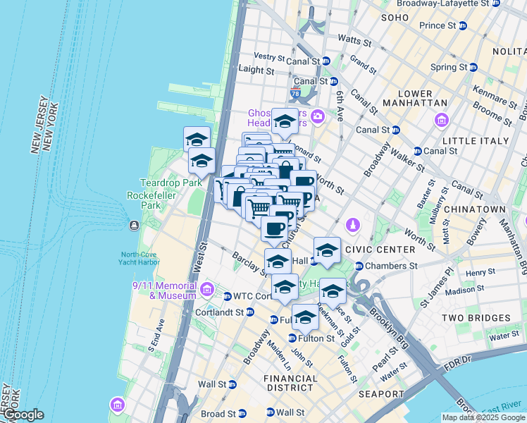 map of restaurants, bars, coffee shops, grocery stores, and more near 155 Chambers Street in New York