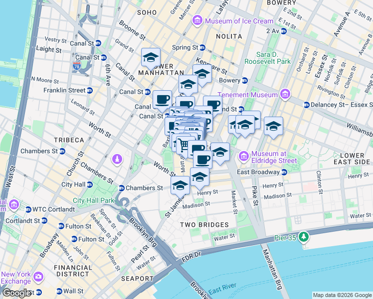 map of restaurants, bars, coffee shops, grocery stores, and more near Bayard Street in New York