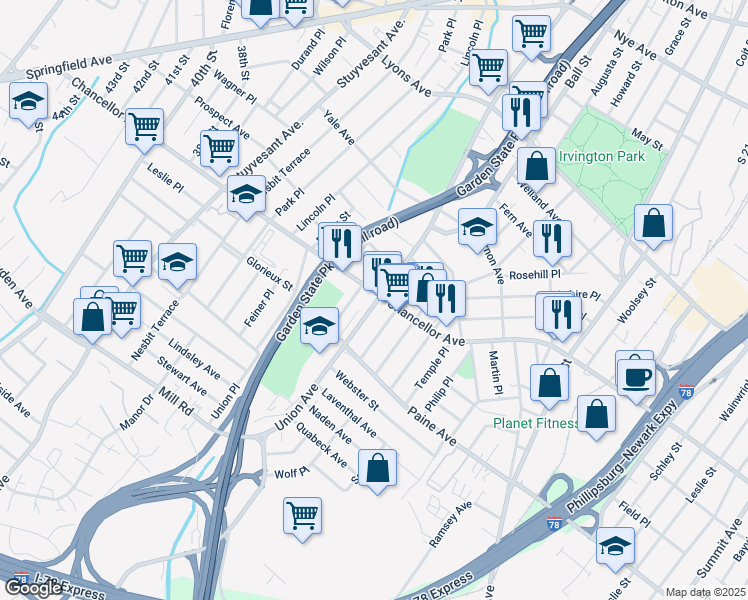 map of restaurants, bars, coffee shops, grocery stores, and more near 722 Chancellor Avenue in Irvington