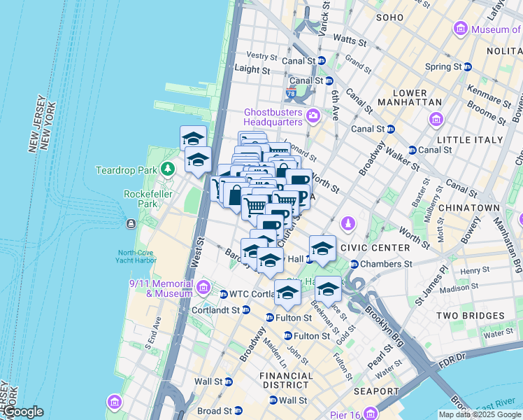 map of restaurants, bars, coffee shops, grocery stores, and more near 155 Chambers Street in New York