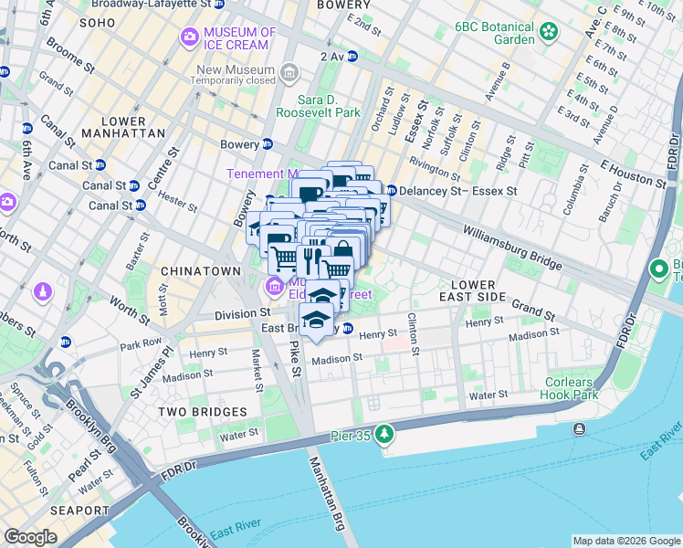 map of restaurants, bars, coffee shops, grocery stores, and more near 25 Essex Street in New York