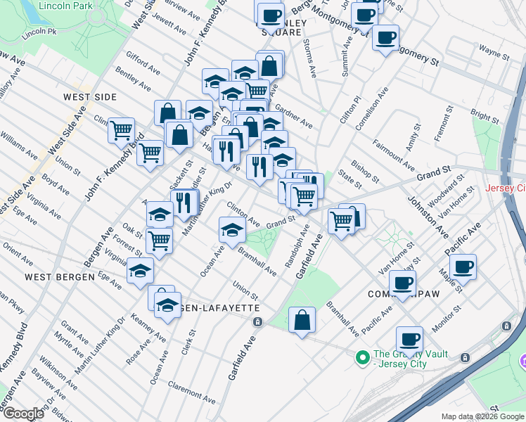map of restaurants, bars, coffee shops, grocery stores, and more near 89 Harmon Street in Jersey City
