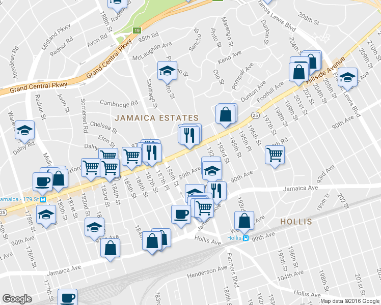 map of restaurants, bars, coffee shops, grocery stores, and more near 19012 Hillside Avenue in Queens