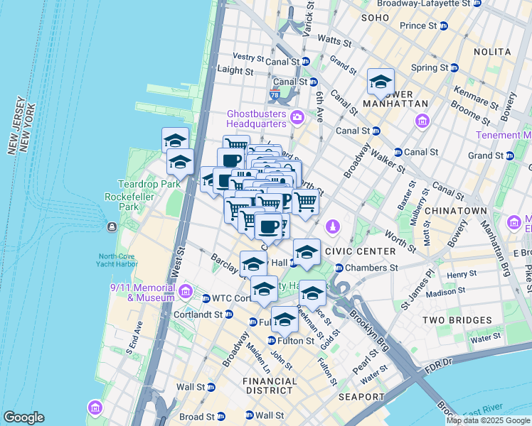 map of restaurants, bars, coffee shops, grocery stores, and more near 103 Reade Street in New York