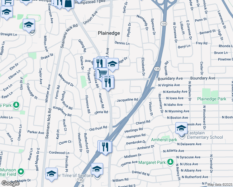 map of restaurants, bars, coffee shops, grocery stores, and more near 4 Manchester Drive in North Massapequa