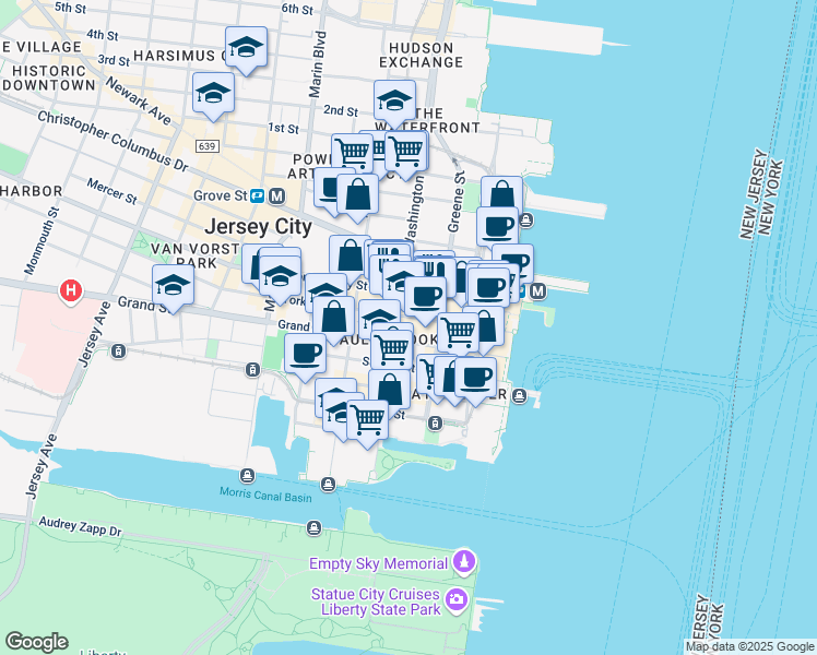 map of restaurants, bars, coffee shops, grocery stores, and more near 240 Washington Street in Jersey City