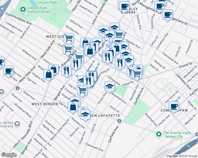 map of restaurants, bars, coffee shops, grocery stores, and more near in Jersey City