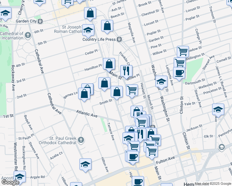 map of restaurants, bars, coffee shops, grocery stores, and more near 93 Old Franklin Street in Hempstead